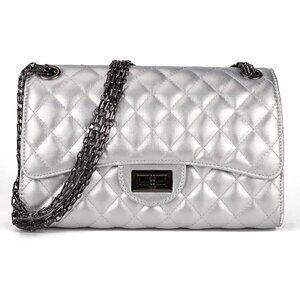 Women Silver PU Quilted Stylish Crossbody Bag with Chain Strap & Flap Closure